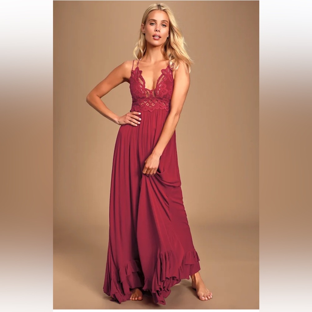 Free People Adella Maxi Slip Berry Red Lace Dress